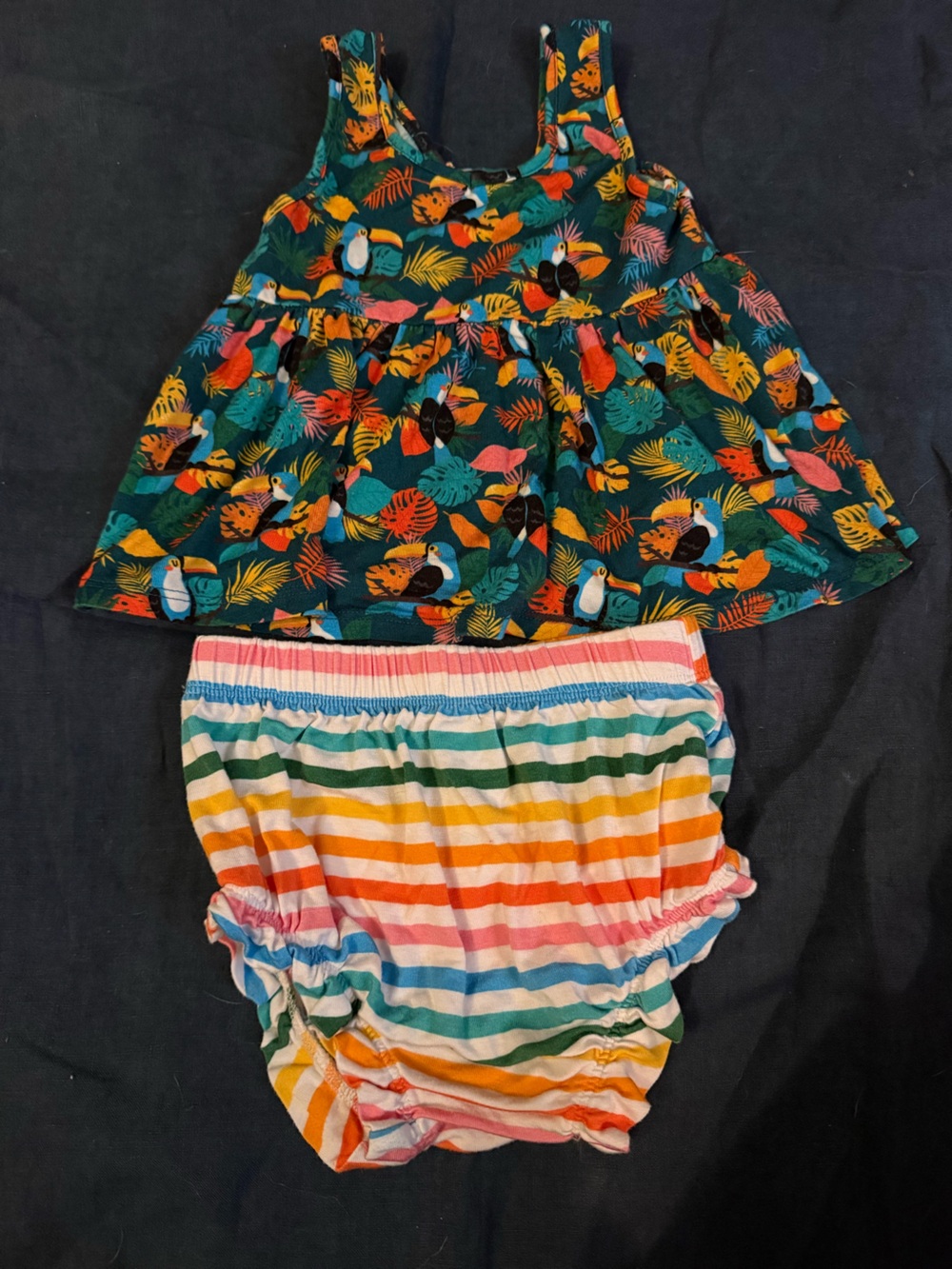 Posh Peanut Tropical Toucan Green Tank Top and Rainbow Stripe Bloomers